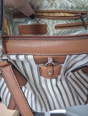 London Fog Striped Canvas and-Leather Shoulder Bag - Tan/White With Key, Lock